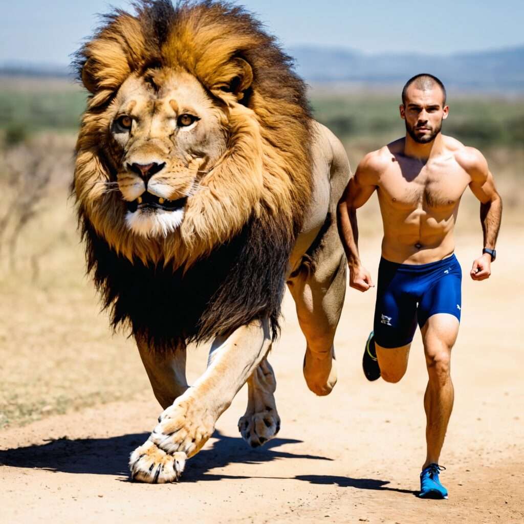 Human sprinter compared to lion