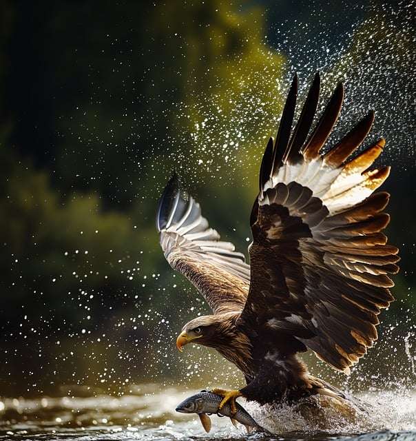 Bald eagle carrying fish in its talons